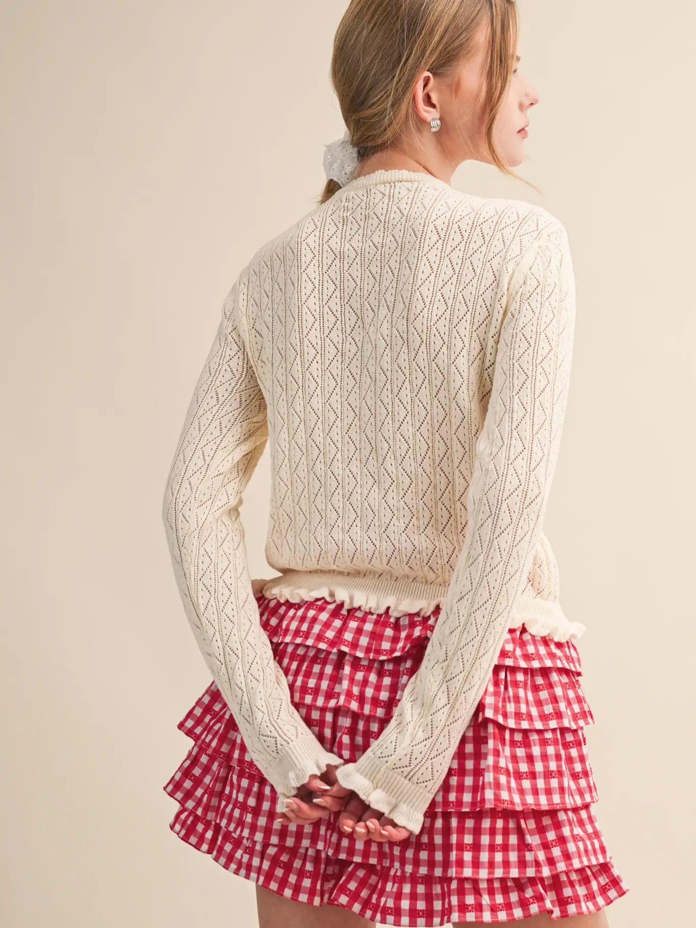 Ruffled Edge Pointelle Knit Sweater Cardigan