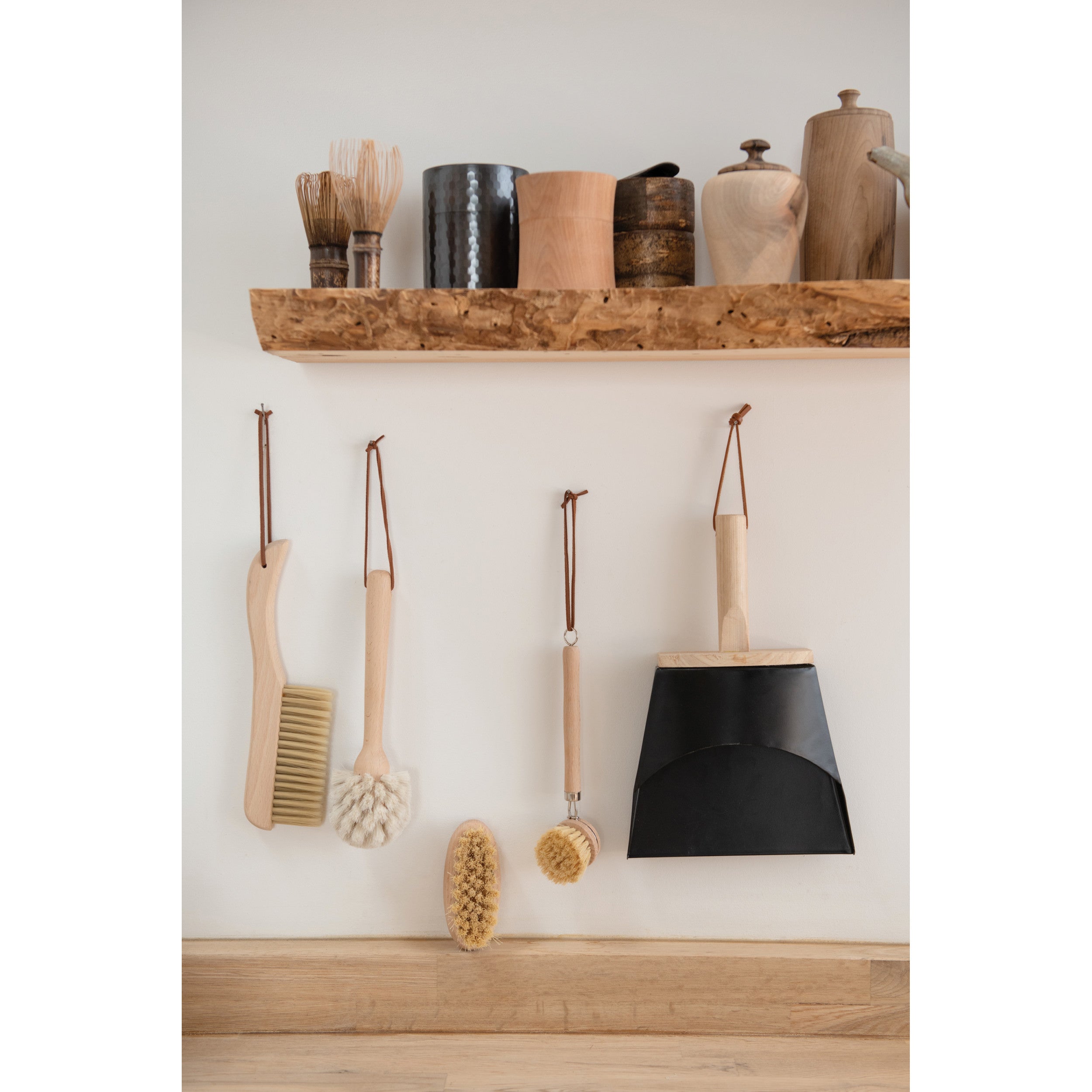 Natural Beech Wood Dish Brush with Leather Strap