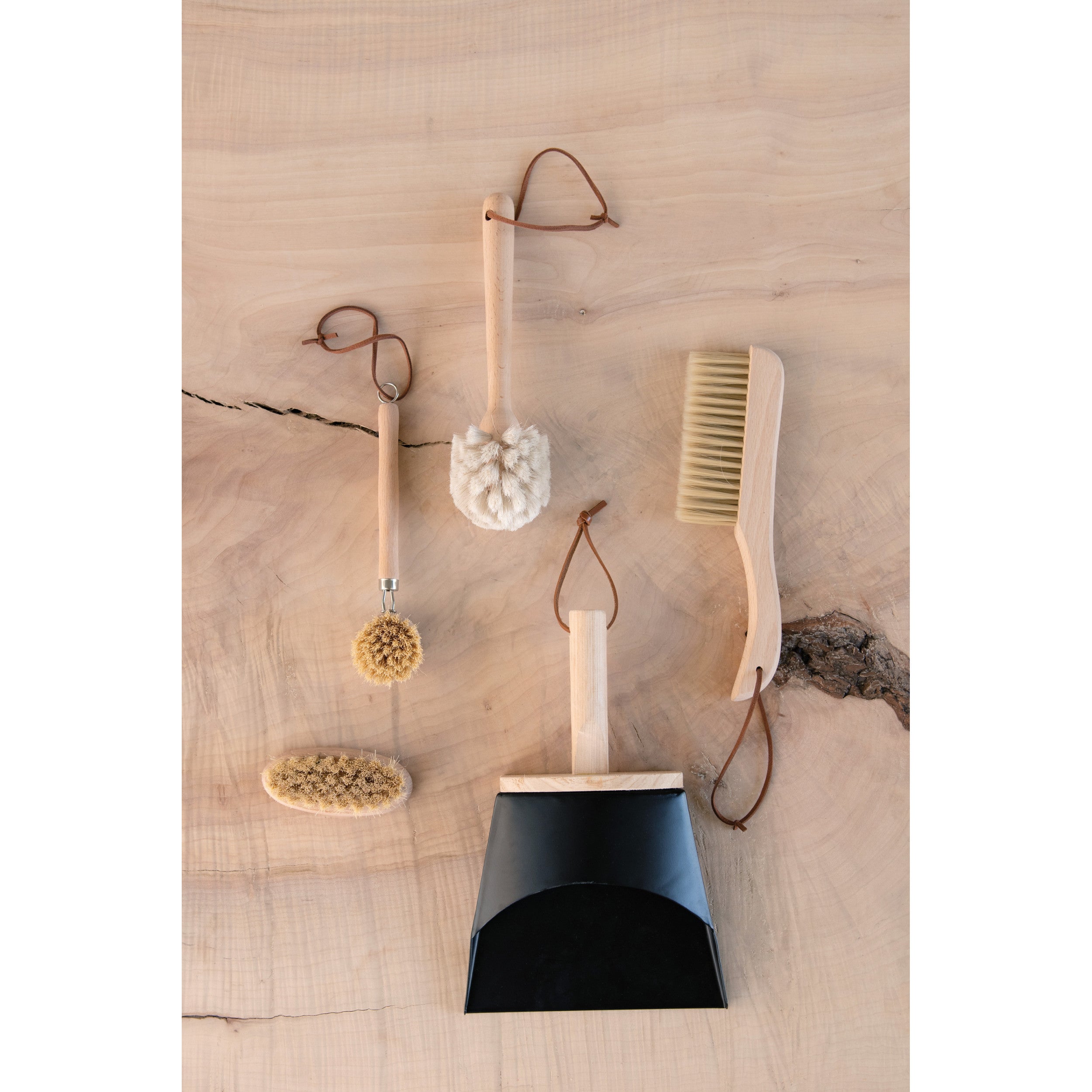Natural Beech Wood Dish Brush with Leather Strap