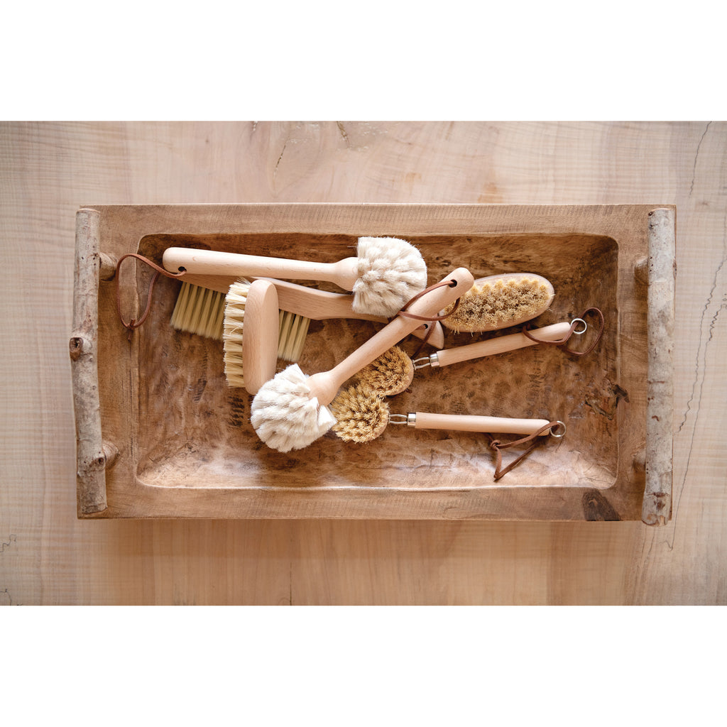 Natural Beech Wood Dish Brush with Leather Strap