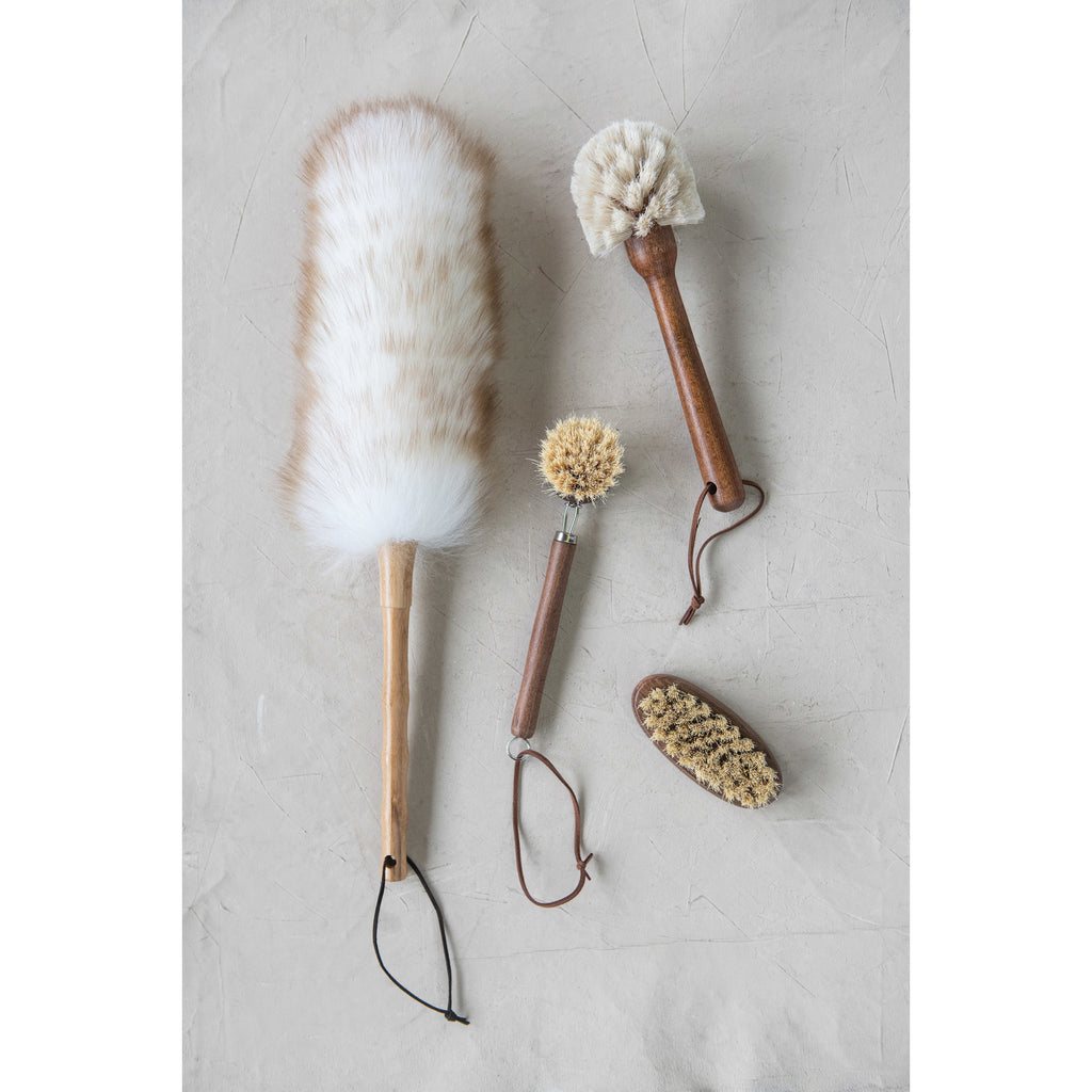 Brown Beech Wood Dish Brush with Leather Strap