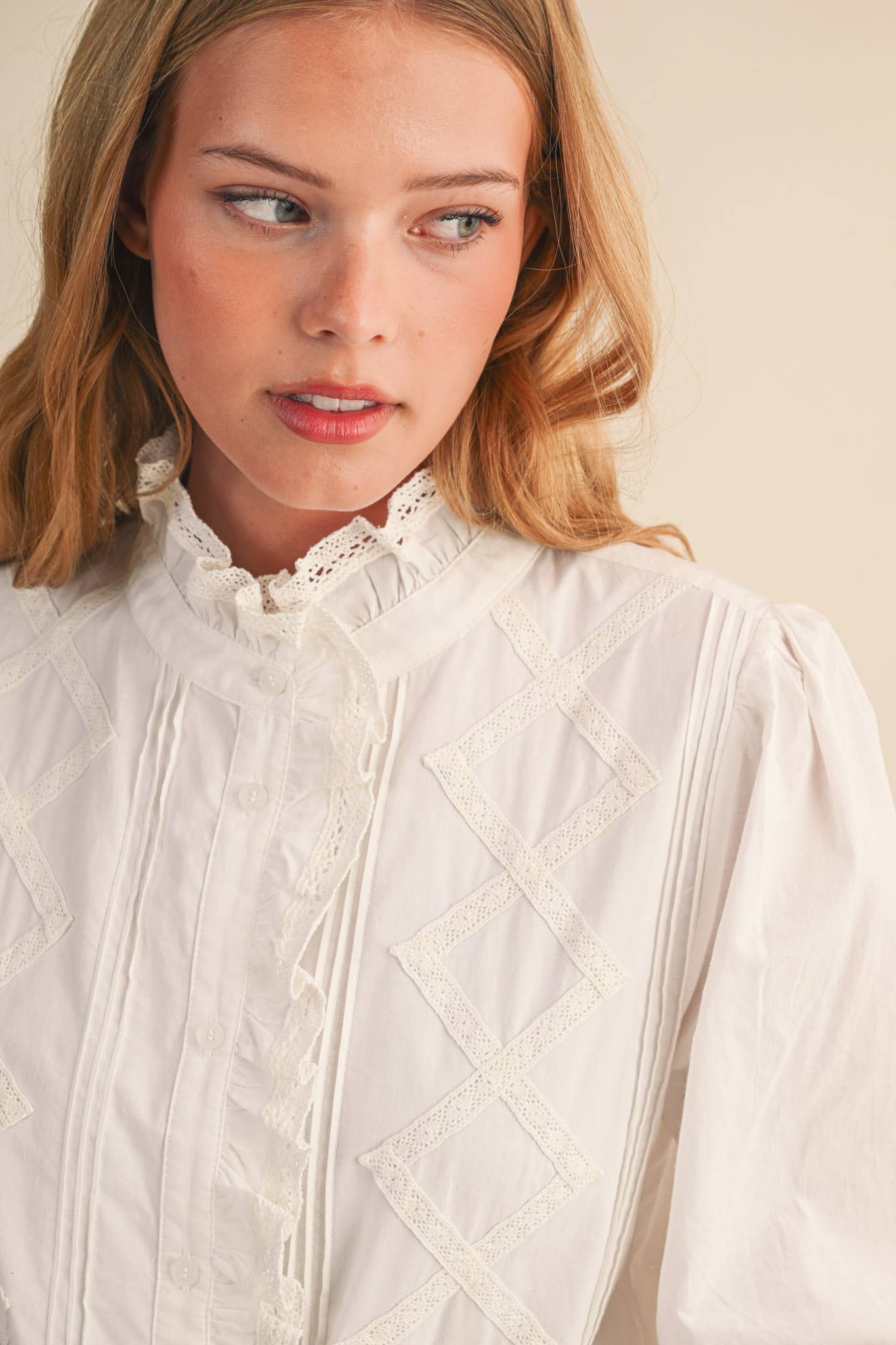 Ruffled Lace Trim Button Down Top