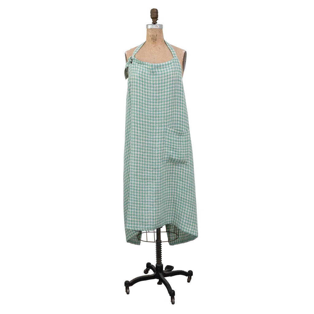 Aqua Gingham Linen Apron