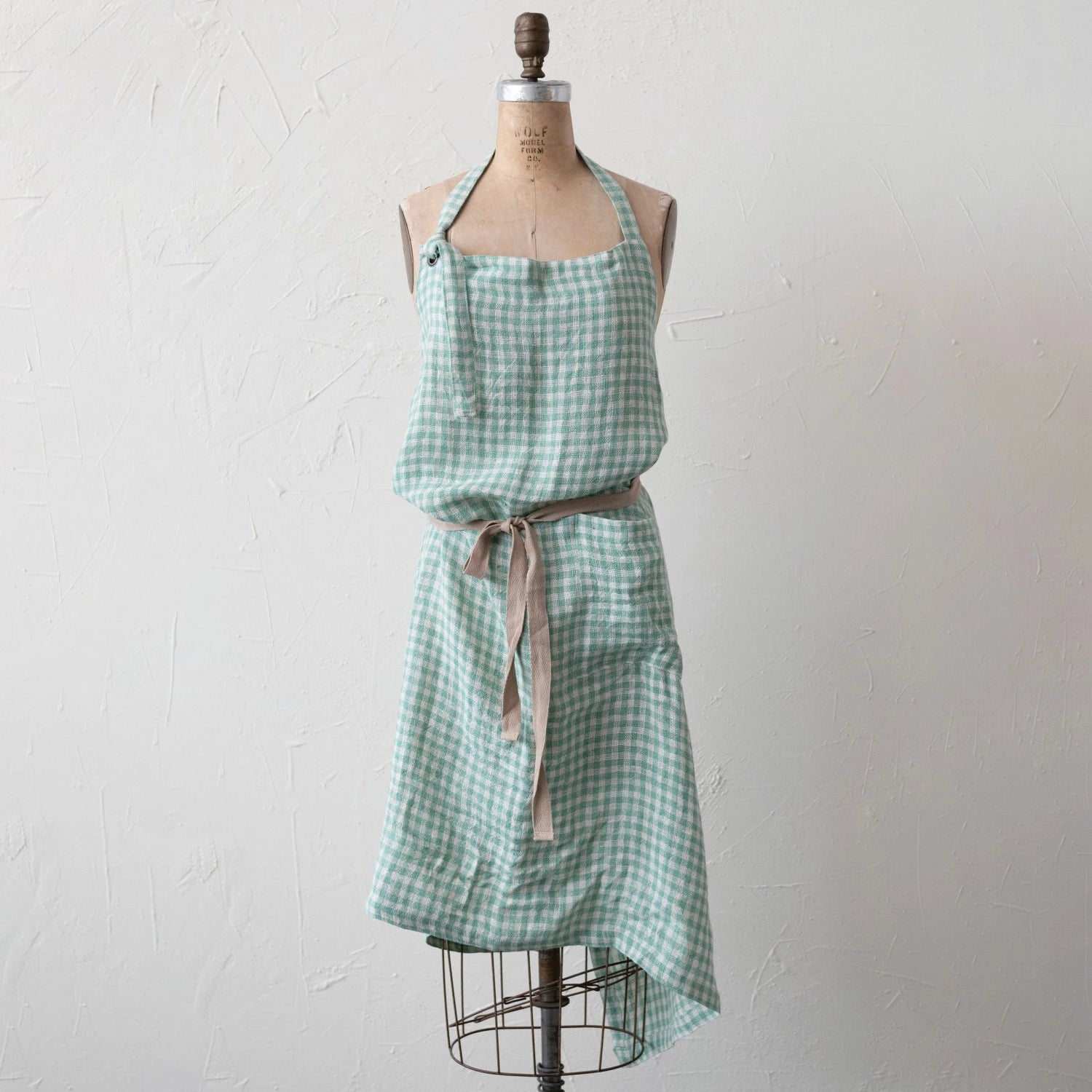 Aqua Gingham Linen Apron