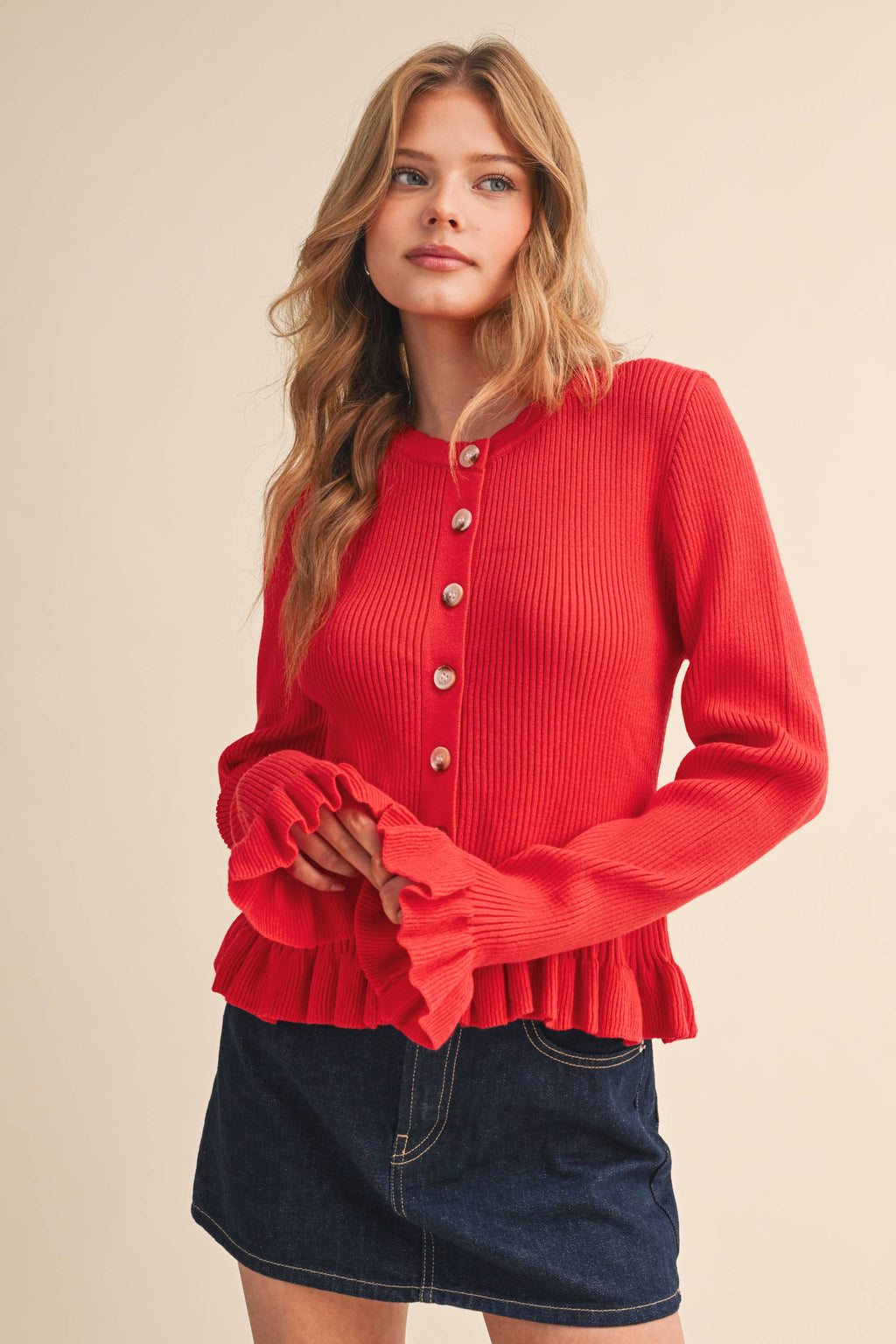 Ruffle Hem Ribbed Knit Cardigan