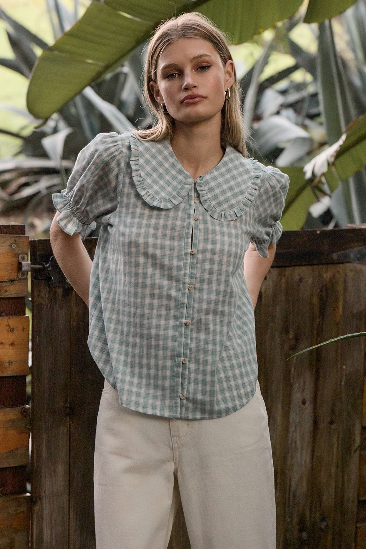 Ruffle Collar Gingham Blouse