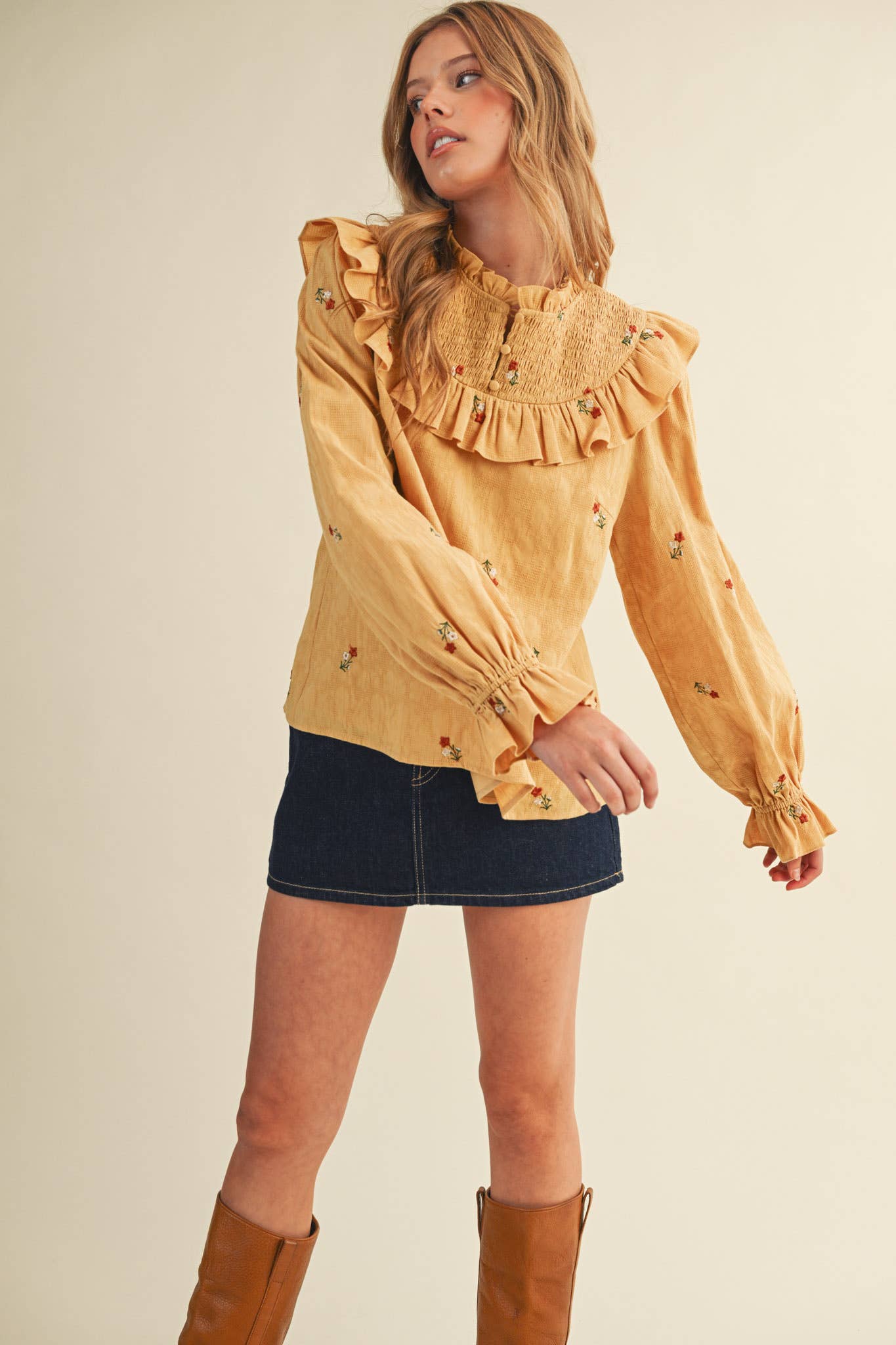 Smocked Yoke Embroidered Blouse