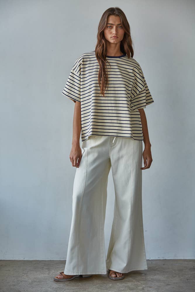 Striped Crew Neck Top in Natural Navy