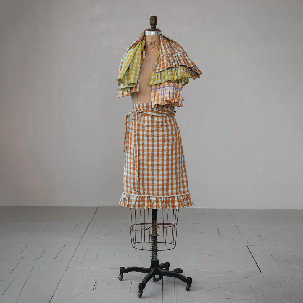 Brown & Blue Check Half Apron with Pocket