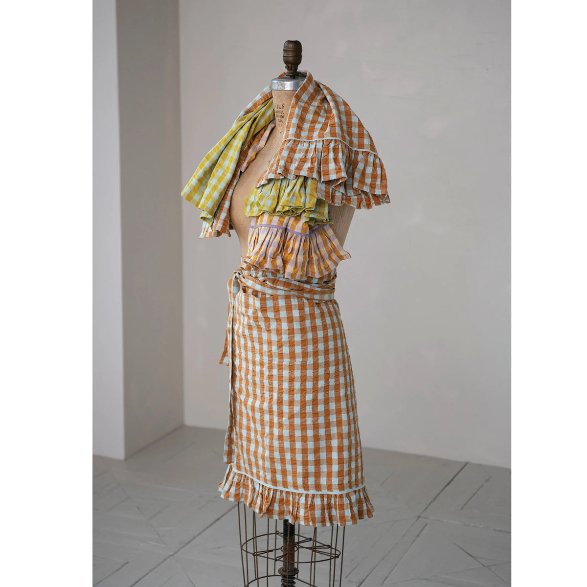 Brown & Blue Check Half Apron with Pocket