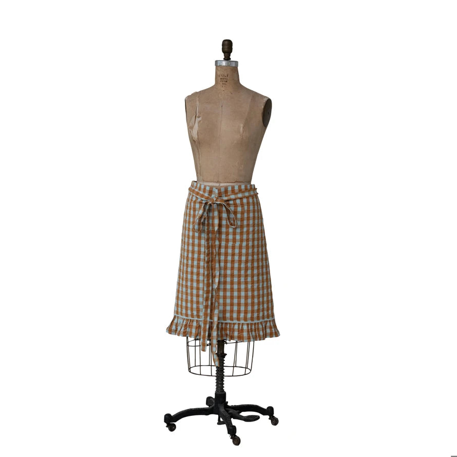 Brown & Blue Check Half Apron with Pocket