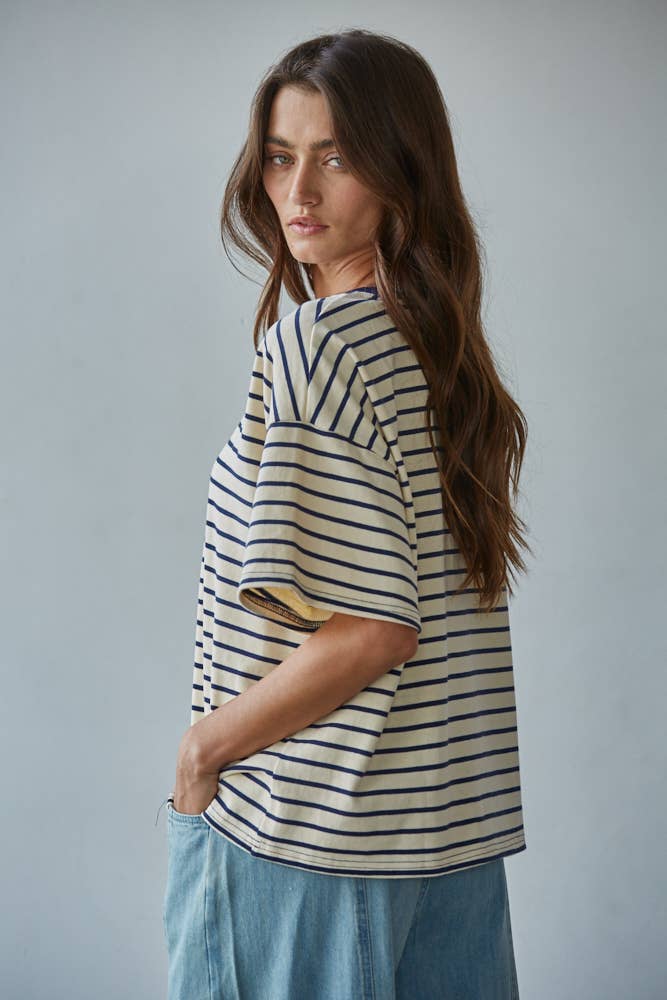 Striped Crew Neck Top in Natural Navy