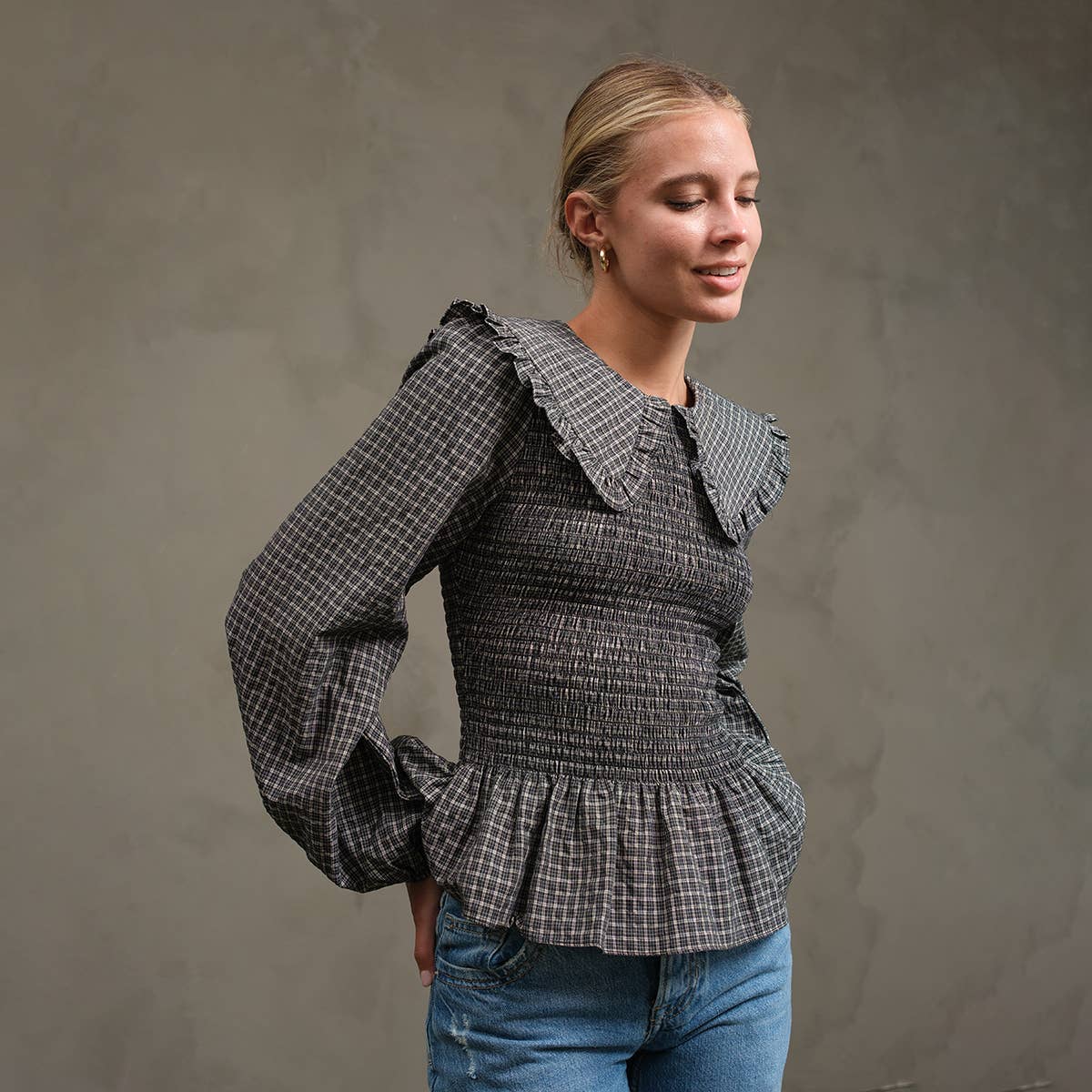 Check Blouse with Peter Pan Collar