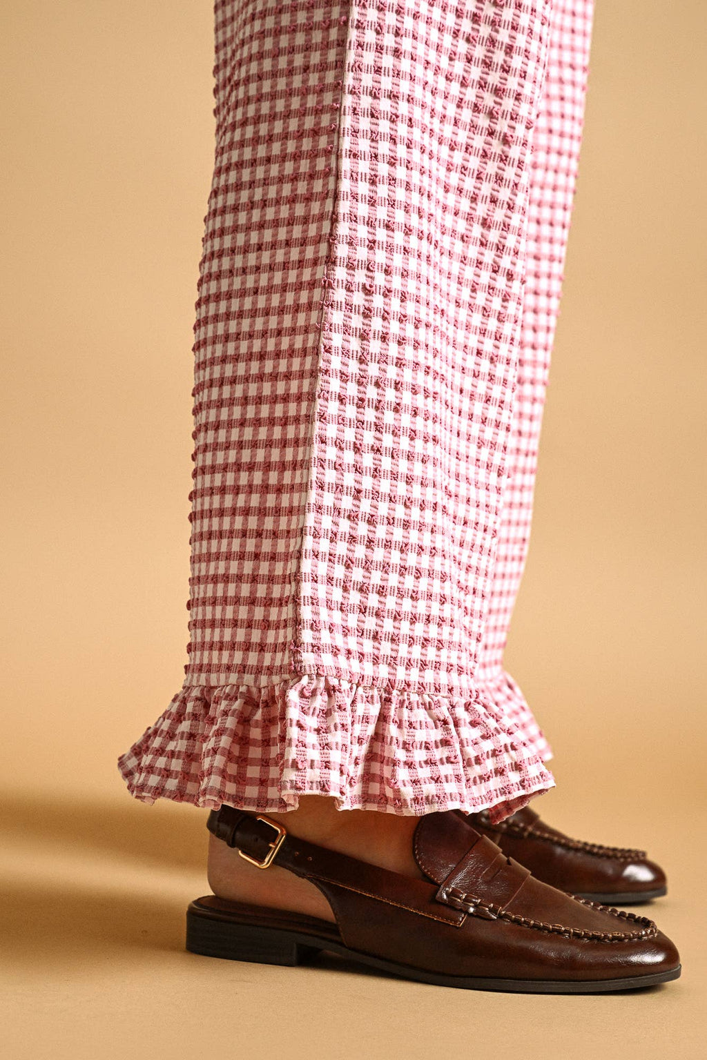 Crinkled Gingham Pants with Ruffle Hem