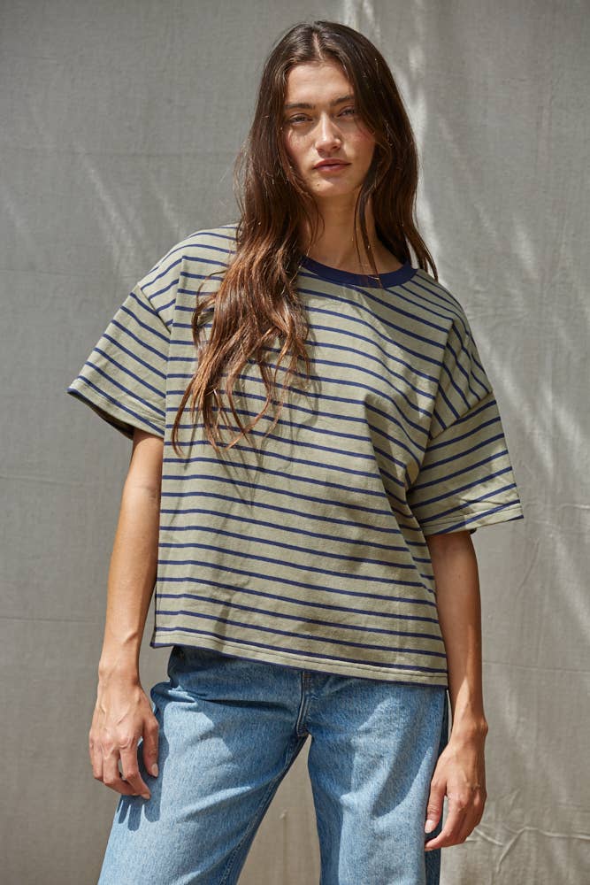 Striped Crew Neck Top in Natural Navy