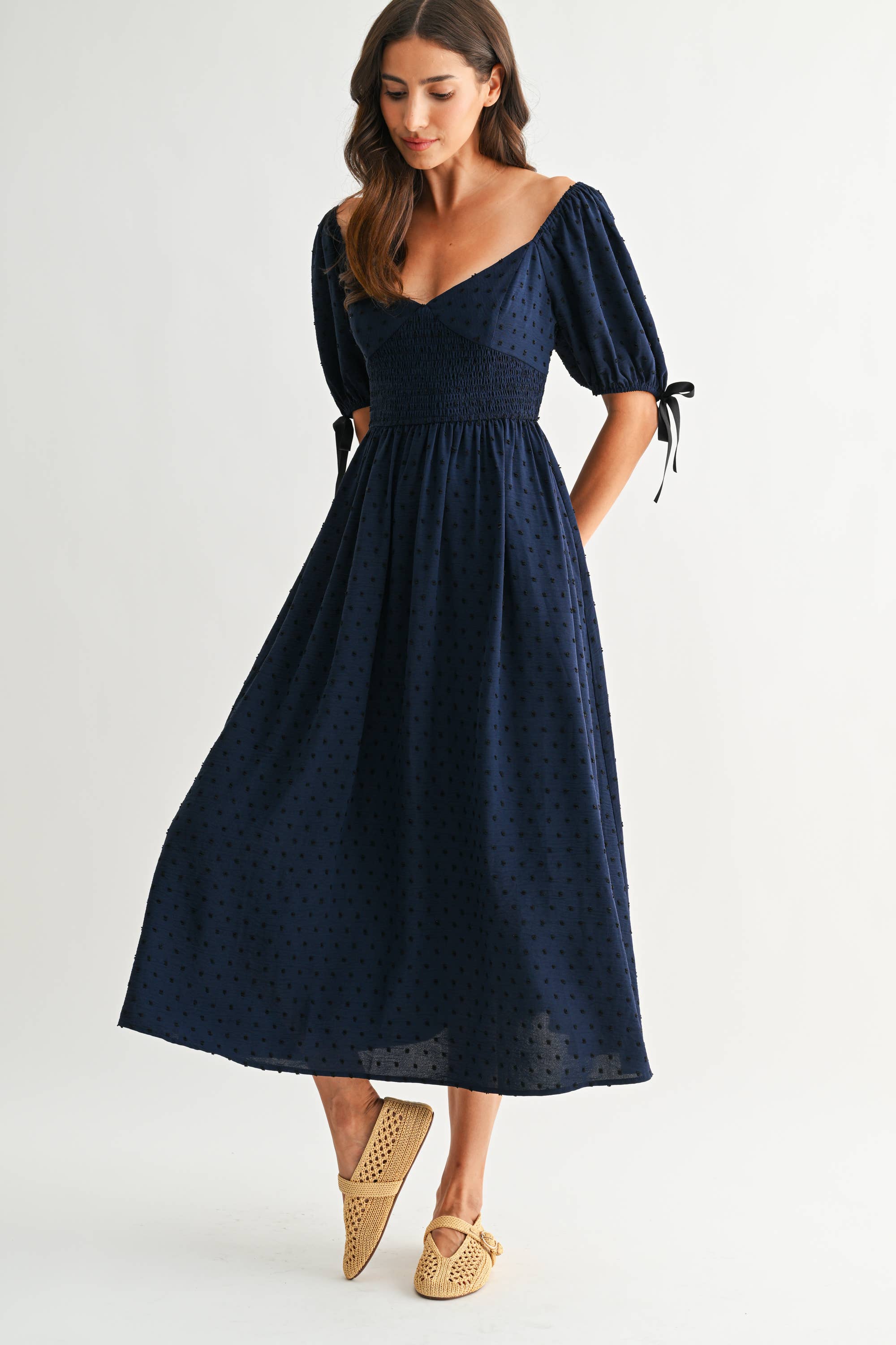 Smocked Bodice Textured Midi Dress