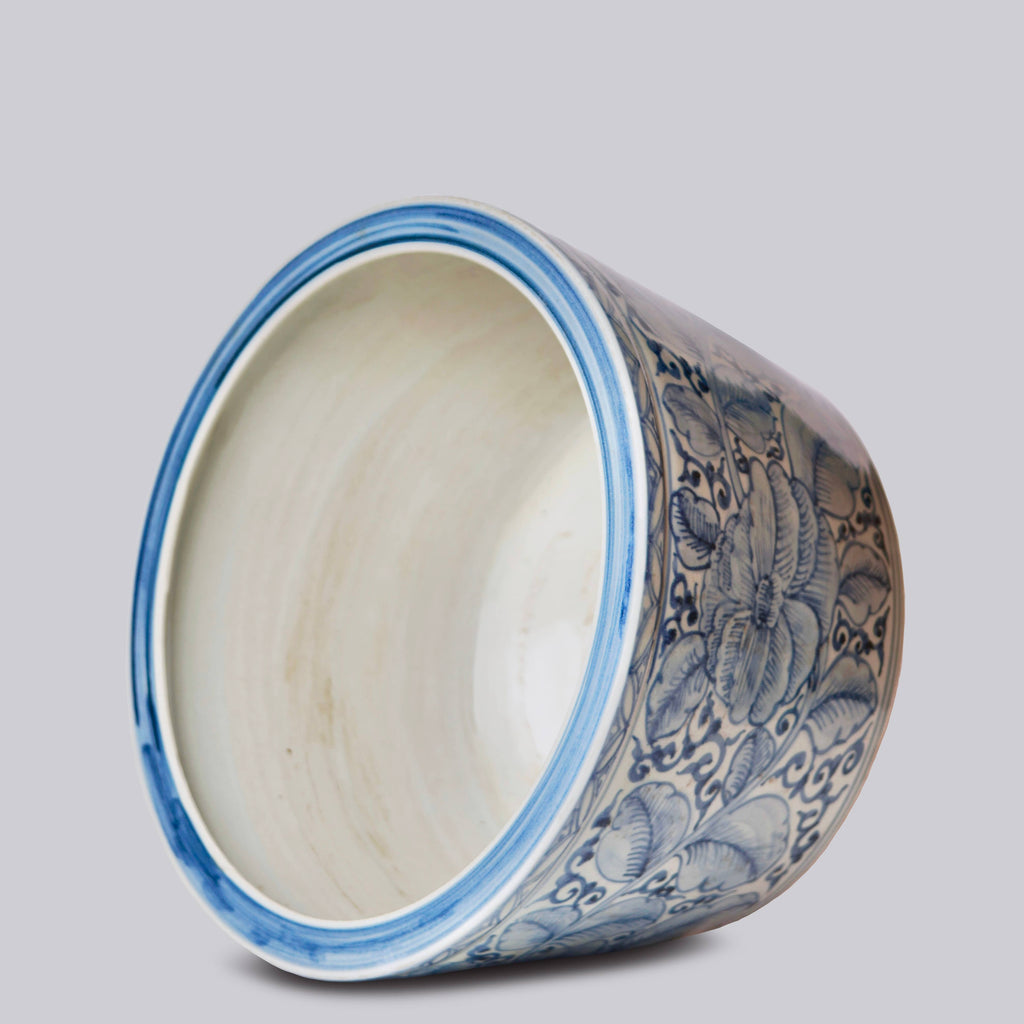 Large Rustic Rose Blue and White Porcelain Planter