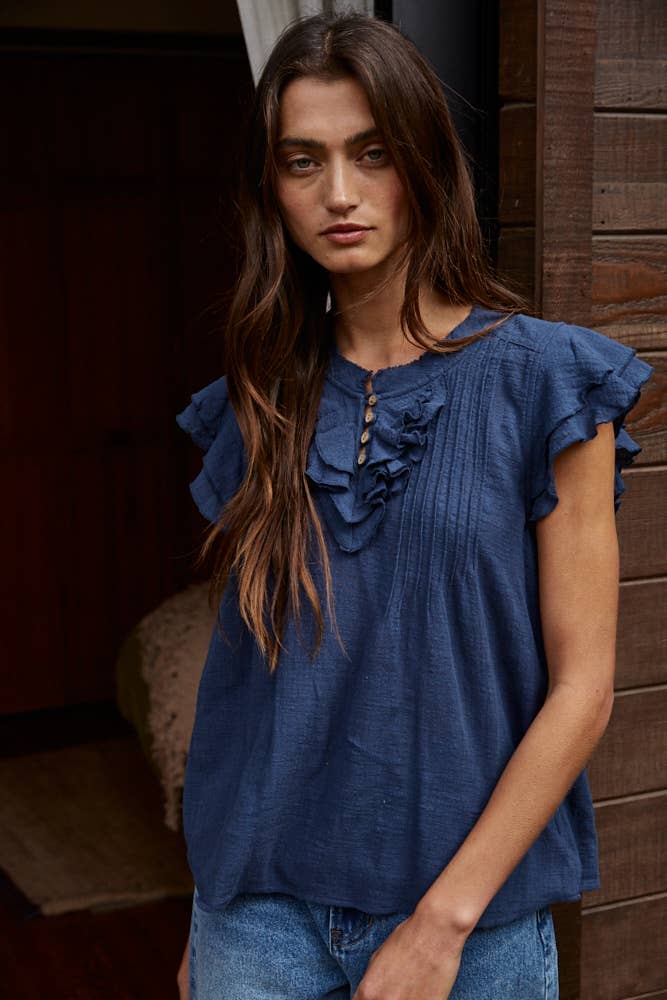 Linen Button V-Neck Short Sleeve Top