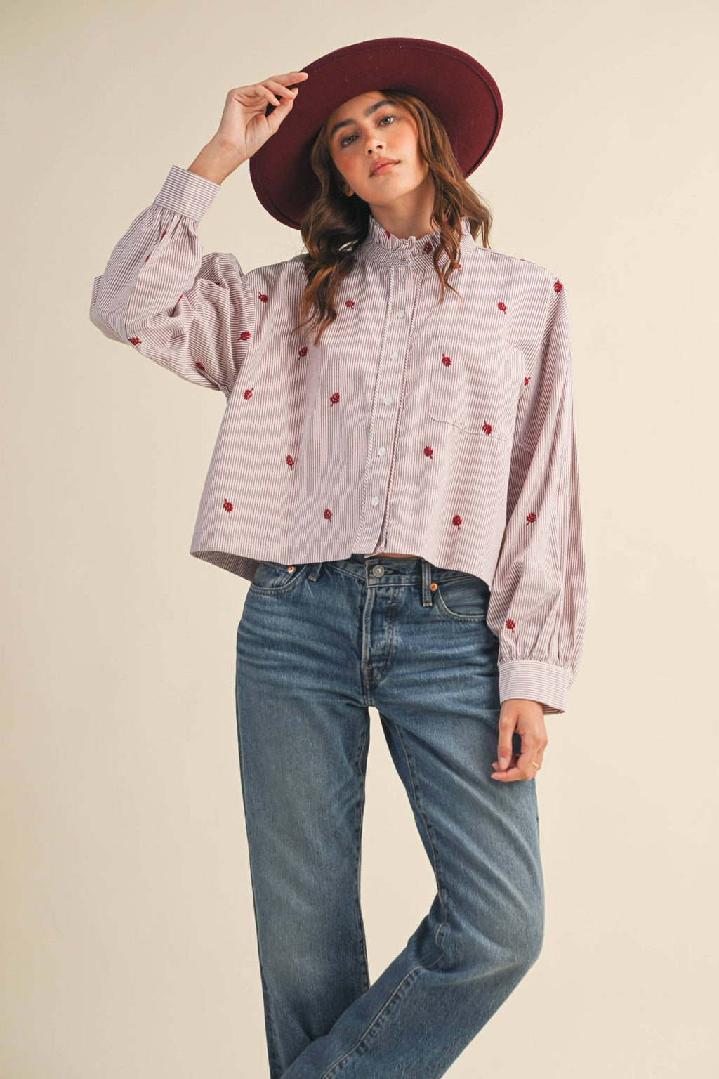 Embroidered Mock Neck Striped Button Up