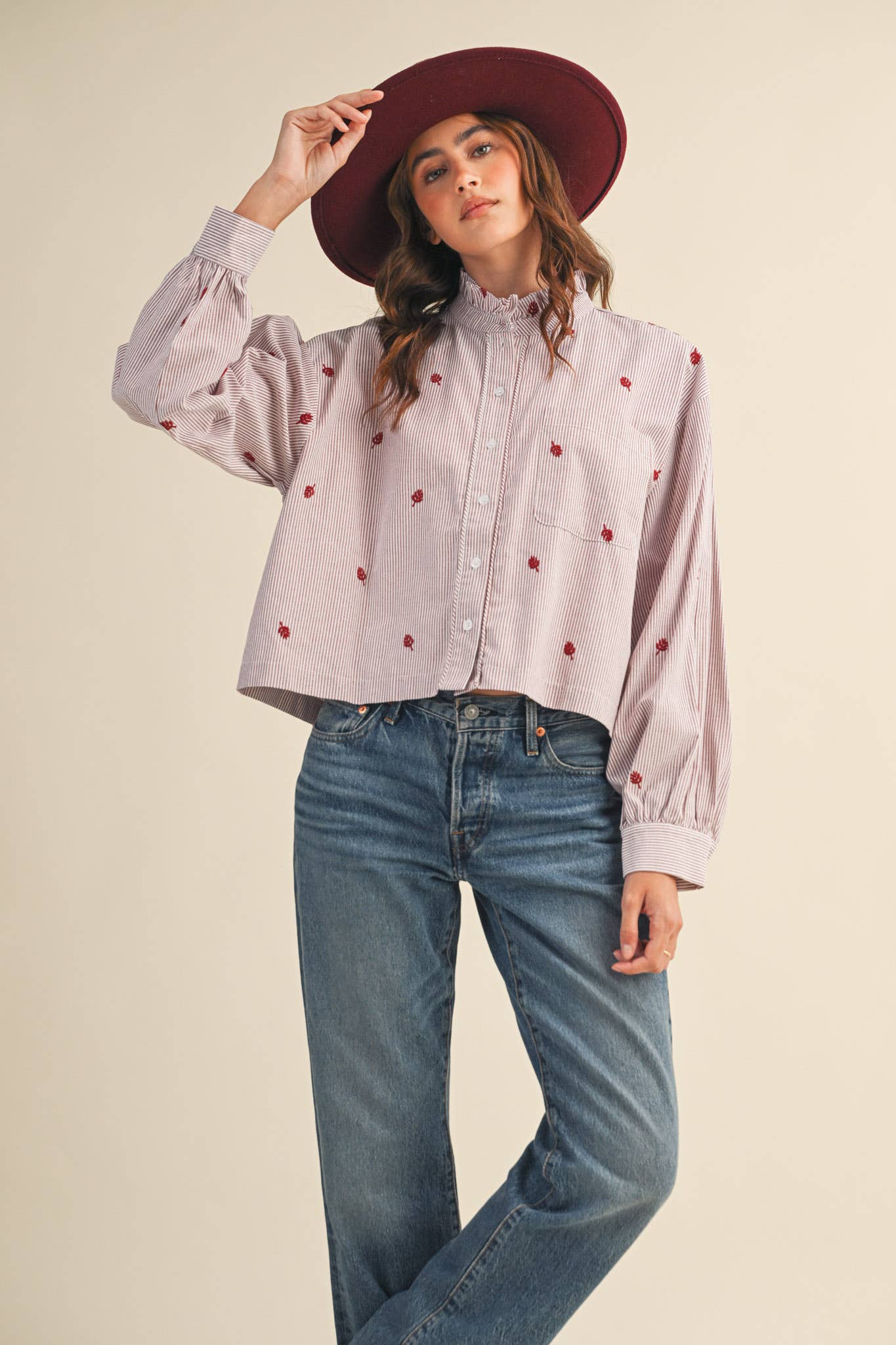 Embroidered Mock Neck Striped Button Up