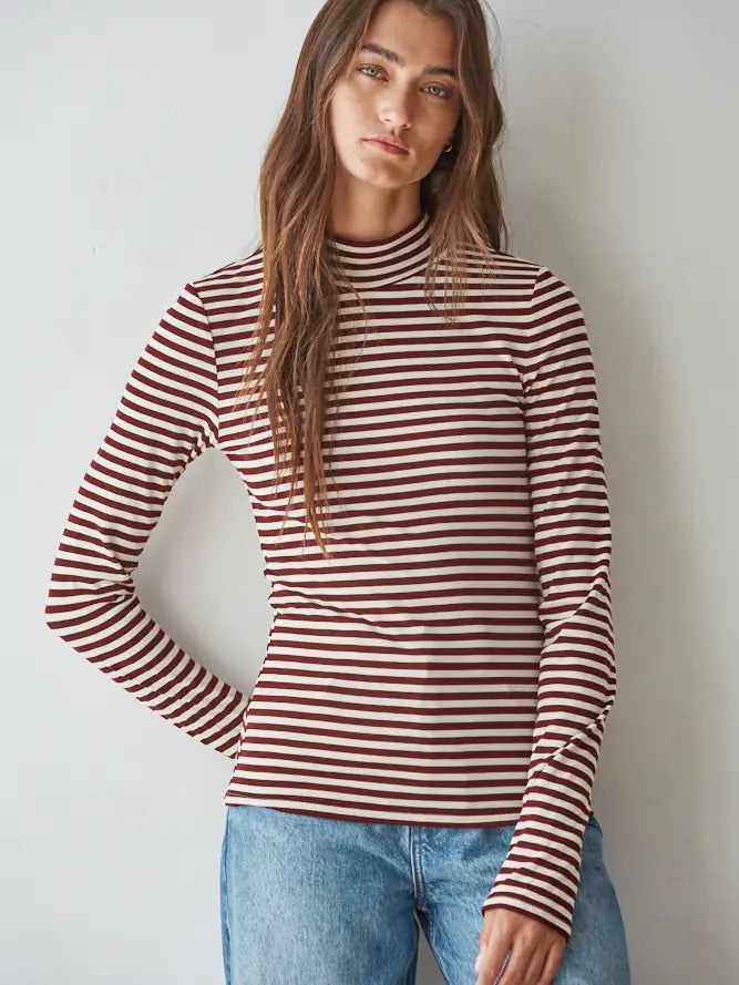 Spandex Stripe Mock Long Sleeve in Cream Wine