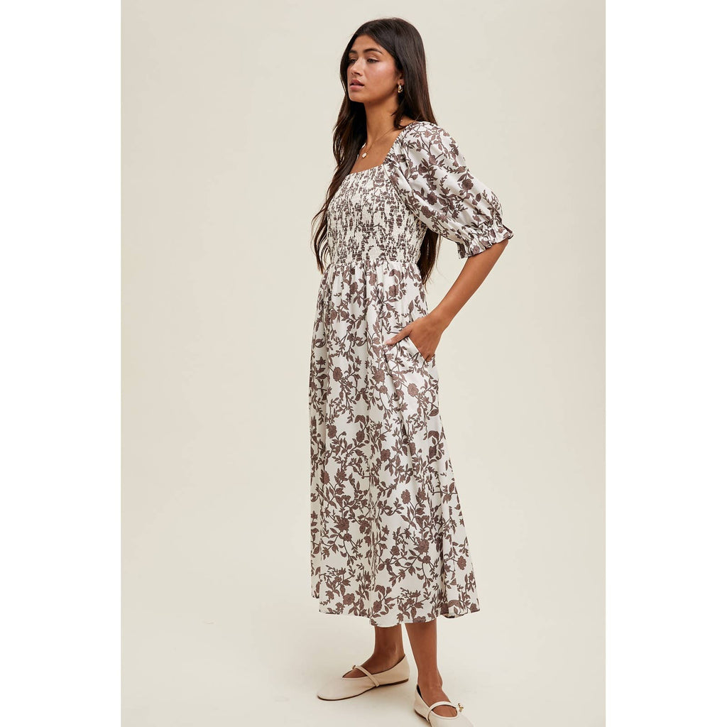 Floral Balloon Sleeve Smocked Midi Dress