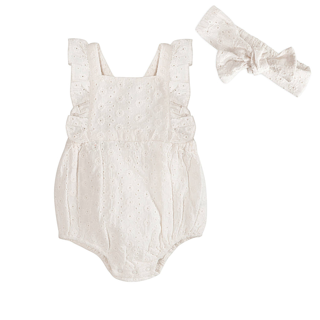 Alaina Schiffli Baby Romper + Headband Set
