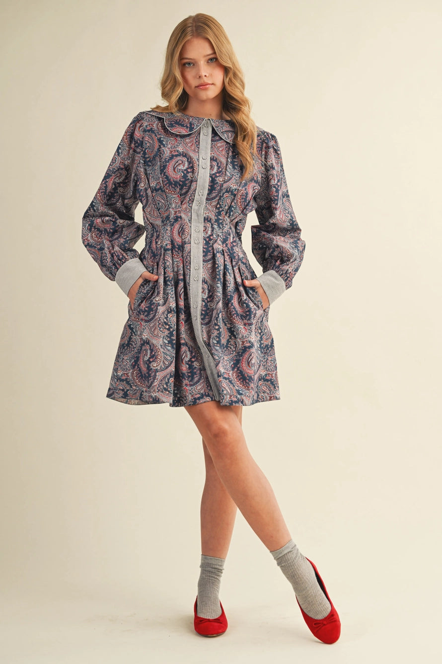 Paisley Pleated Waist Flared Mini Dress