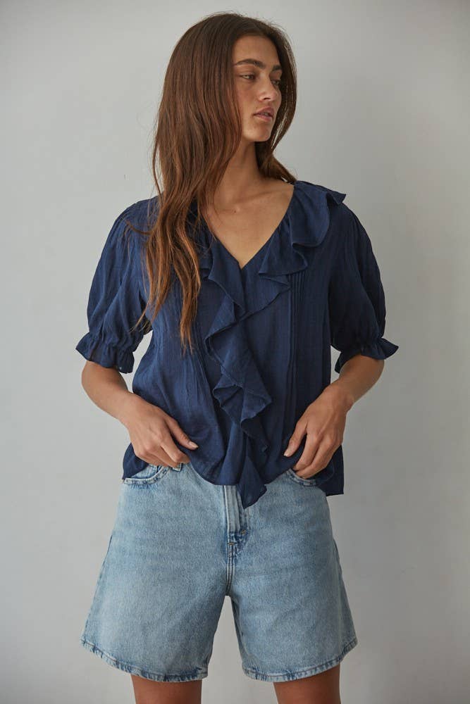 Buttondown V-Neck Short Sleeve Top