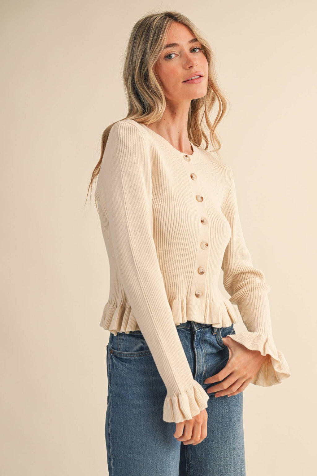 Ruffle Hem Ribbed Knit Cardigan
