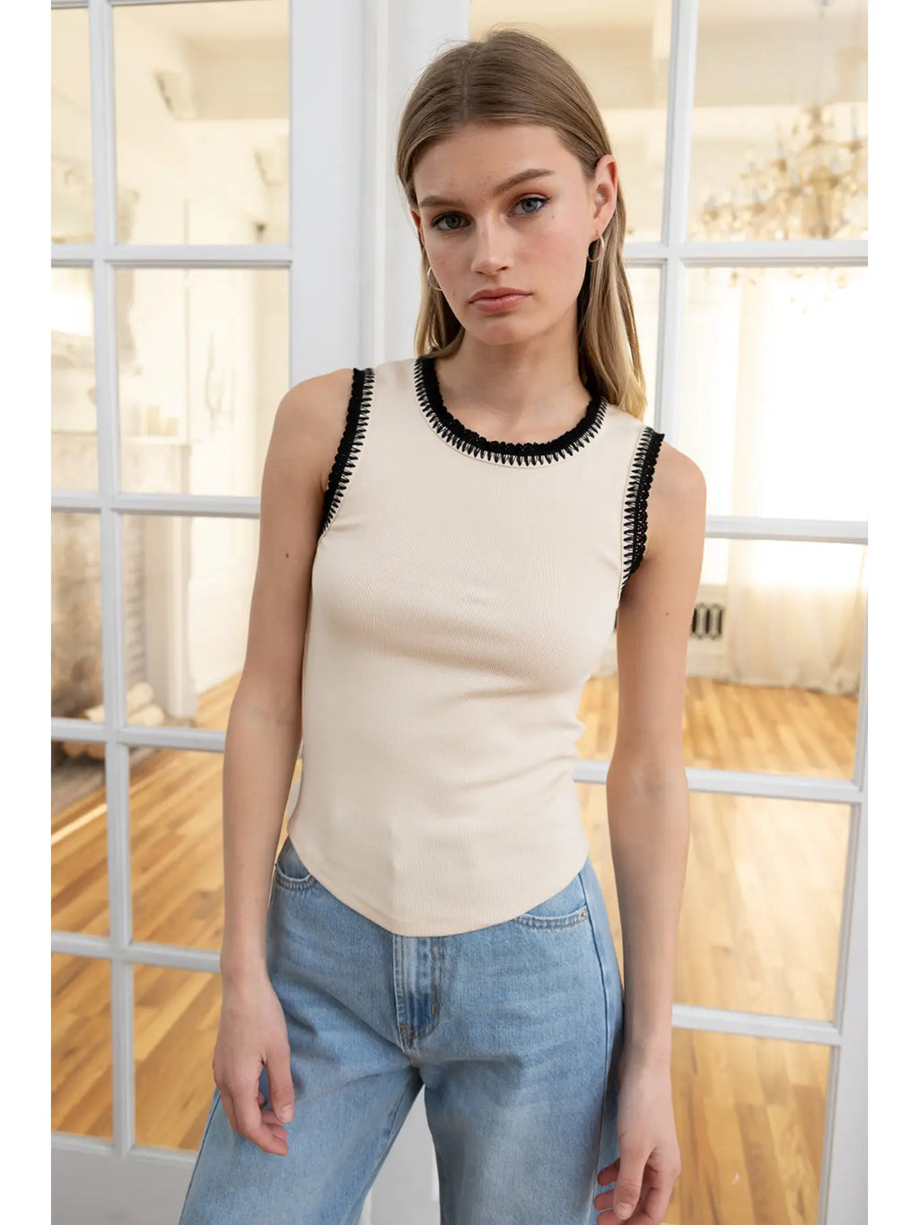 Contrast Crochet-Trim Rib Tank Top in Cream