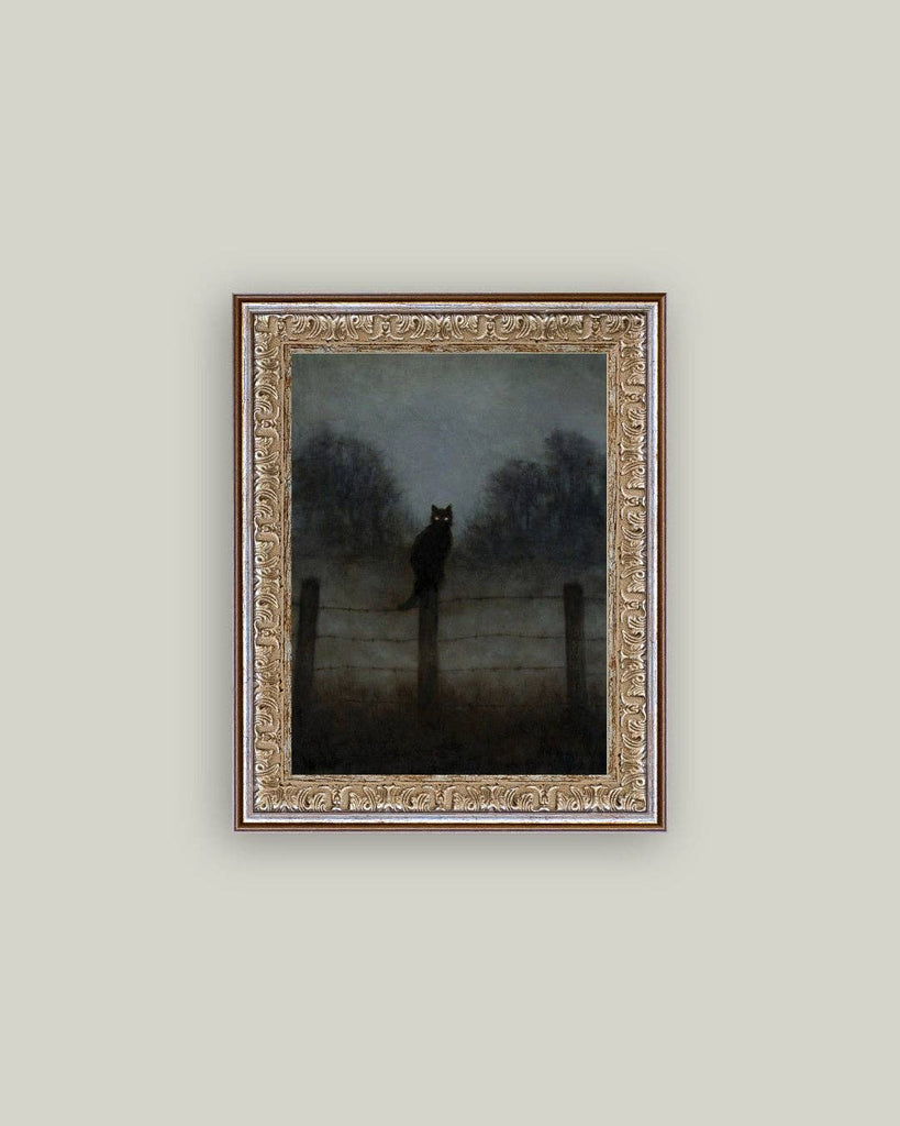 Black Cat in Night Framed Antique Art
