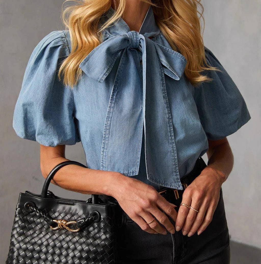 Denim Bow Blouse with Puff Sleeves