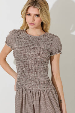 Gingham Smocked Short Sleeve Midi Dress