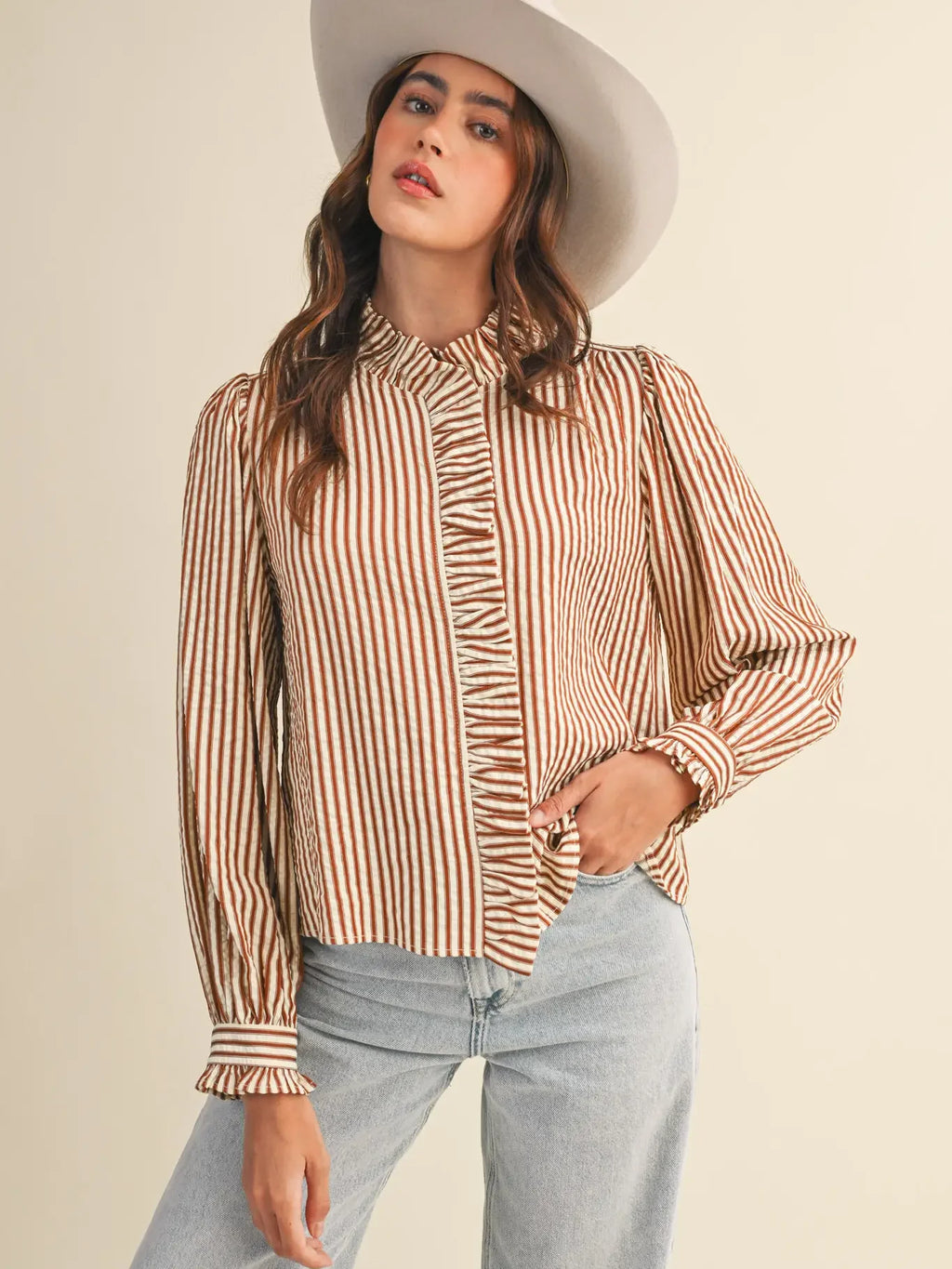 Striped Ruffled Button Down Top in Pecan Stripe