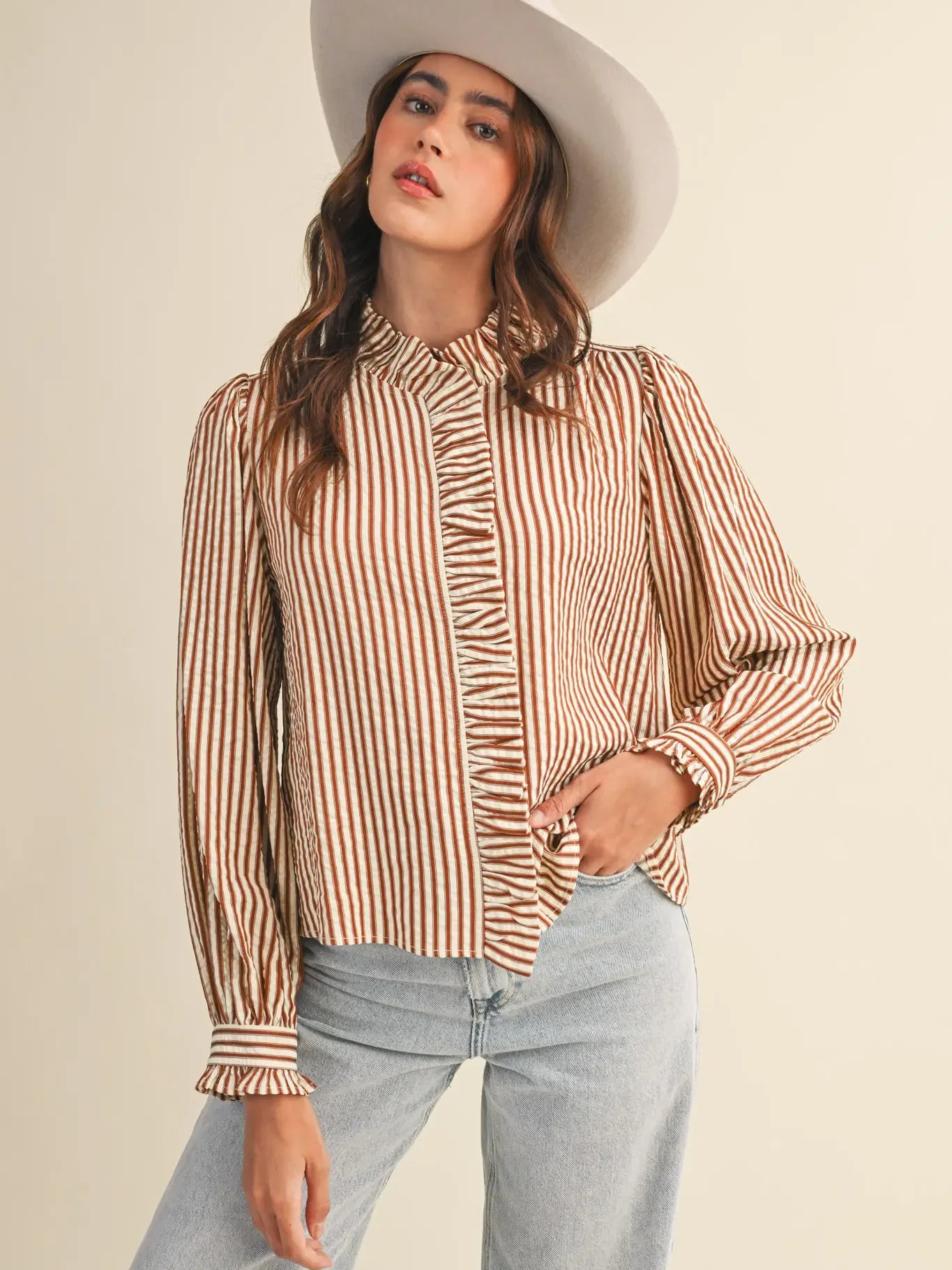 Striped Ruffled Button Down Top in Pecan Stripe