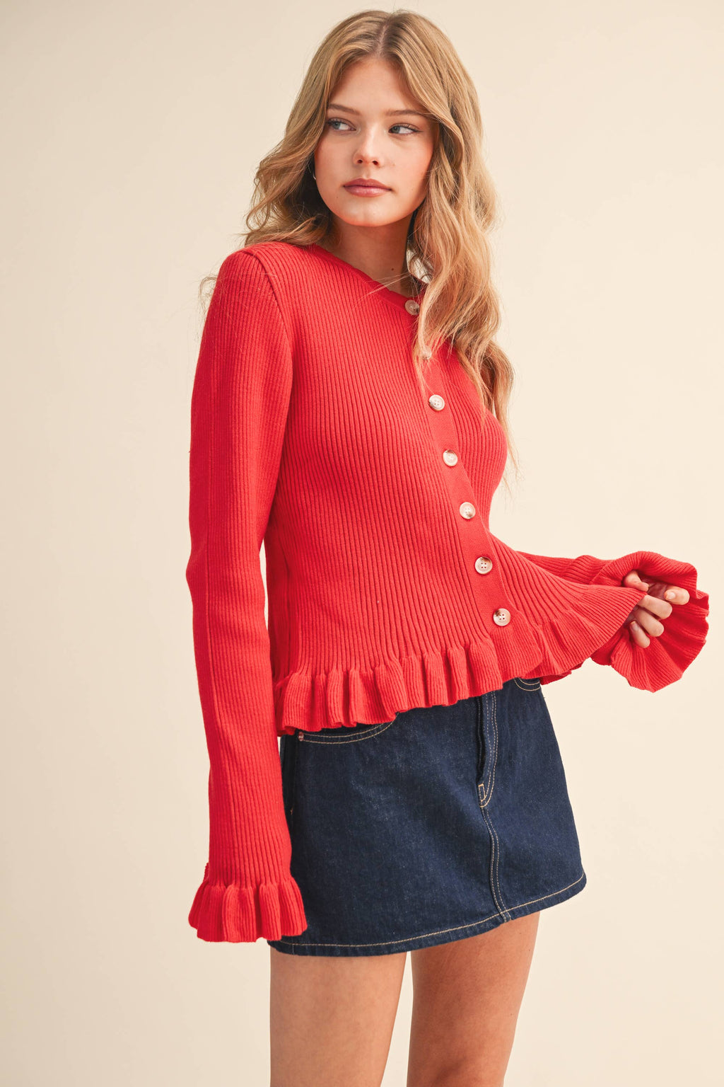 Ruffle Hem Ribbed Knit Cardigan