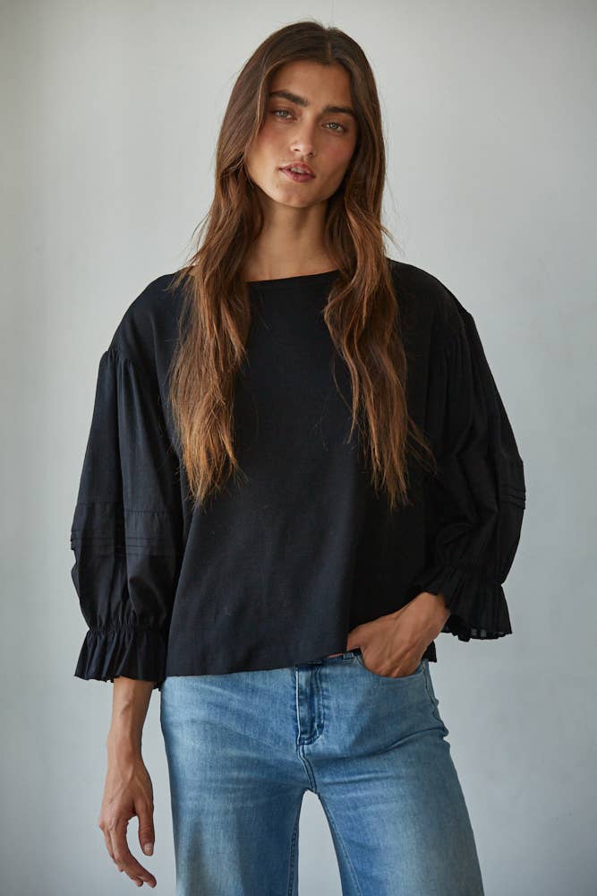 Quarter Balloon Sleeve Top with Pleat Detail