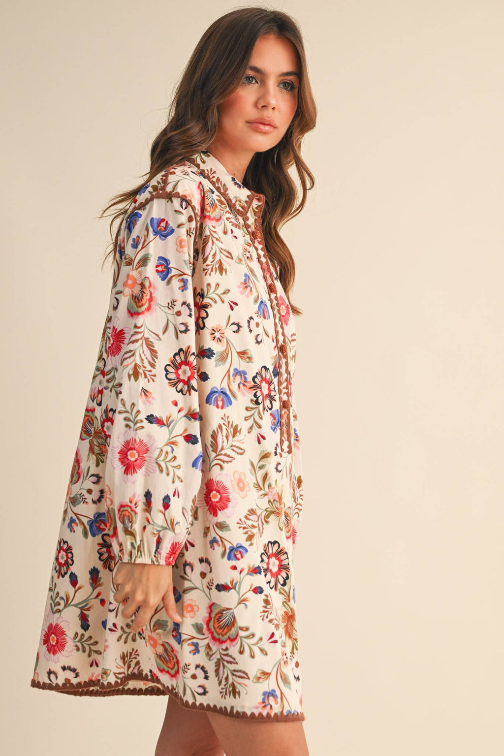 Blanket Stitch Buttoned Floral Mini Dress
