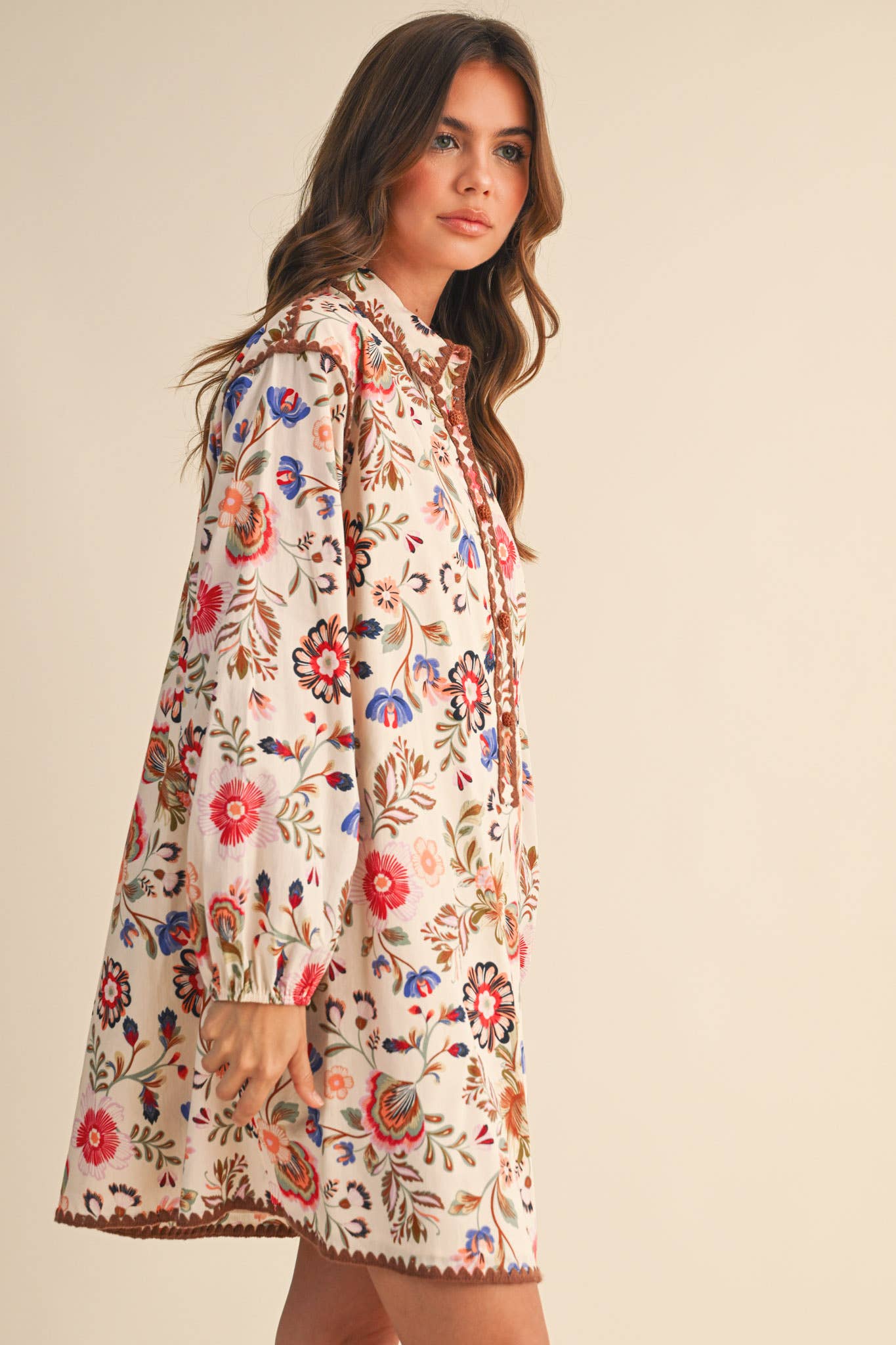 Blanket Stitch Buttoned Floral Mini Dress