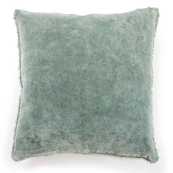 Sage Velvet Pillow With Poms