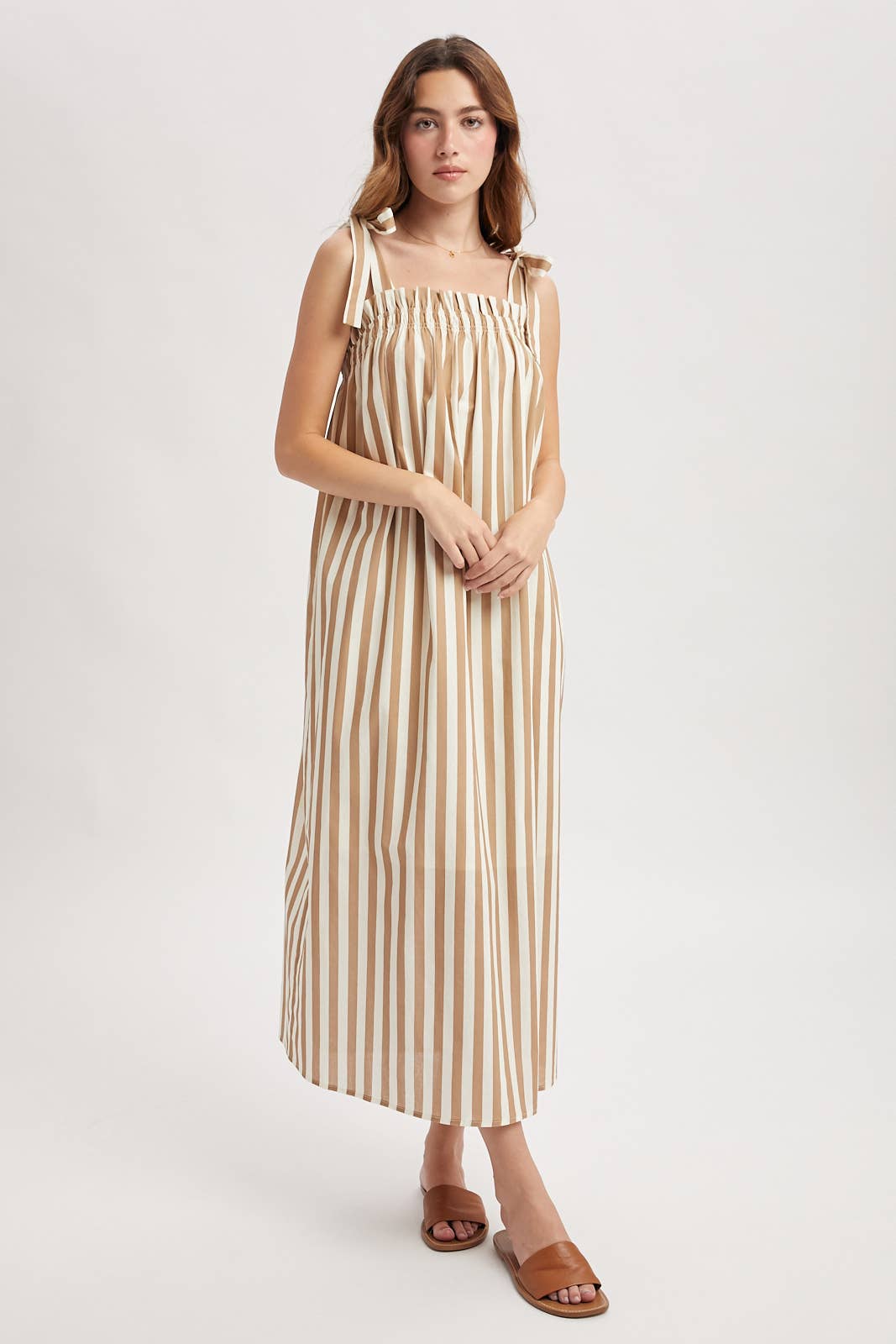 Striped Shoulder Tie Midi Dress