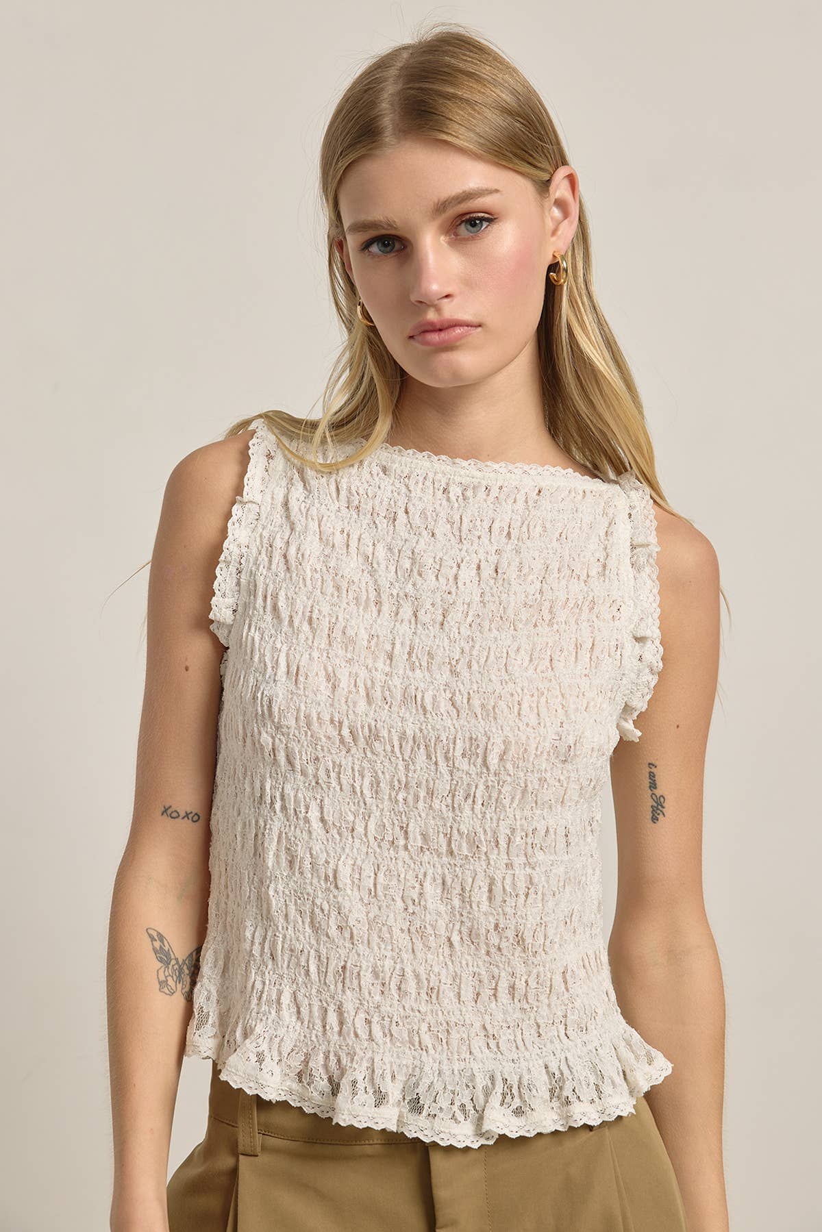 Smocked Lace Trim Sleeveless Top