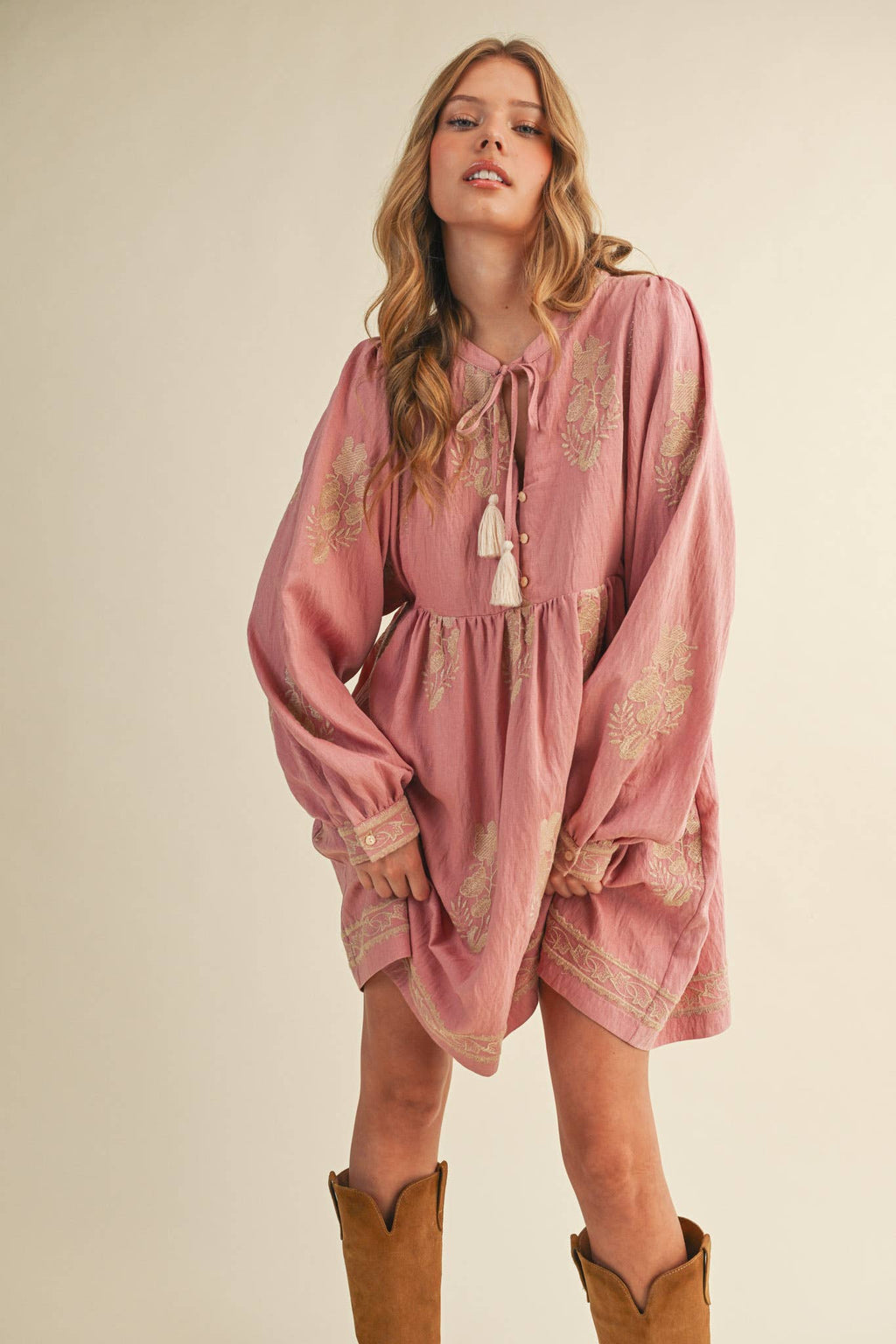 Embroidered Long Puff Sleeve Mini Dress