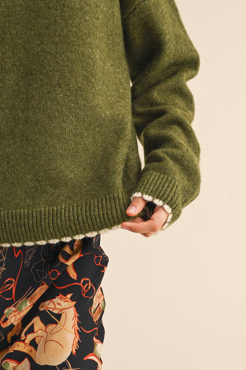 Contrast Knit Scalloped Edge Sweater