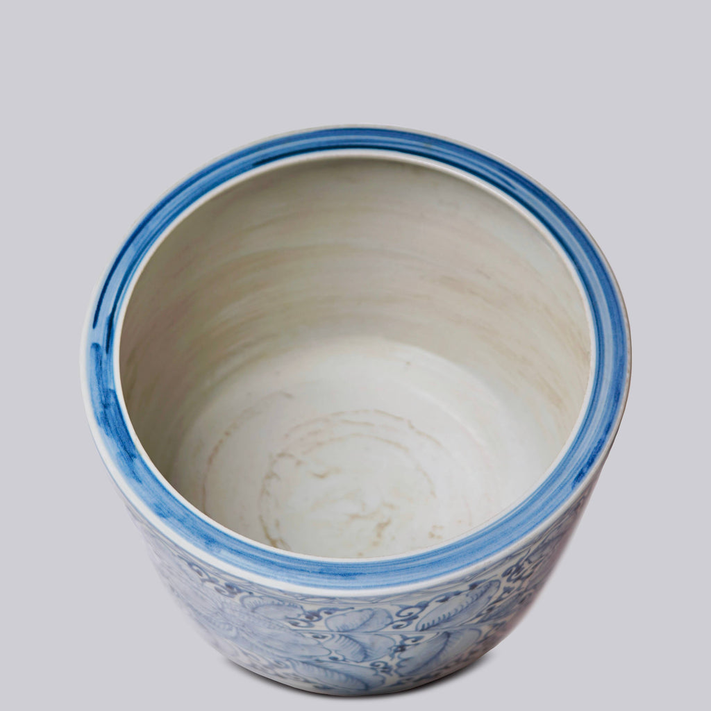 Large Rustic Rose Blue and White Porcelain Planter