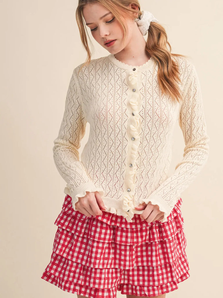 Ruffled Edge Pointelle Knit Sweater Cardigan