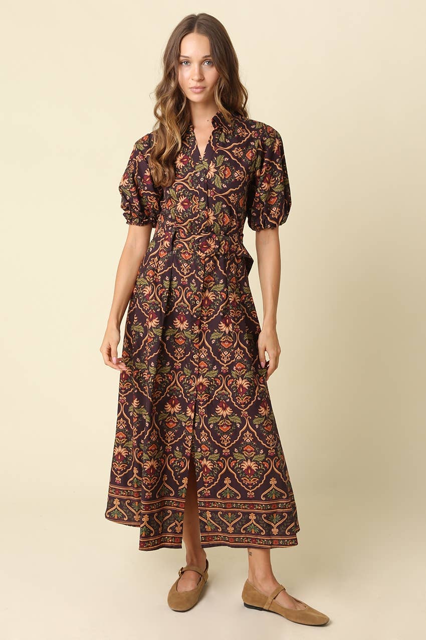 Lucy Paisley Puff Sleeve Midi Dress