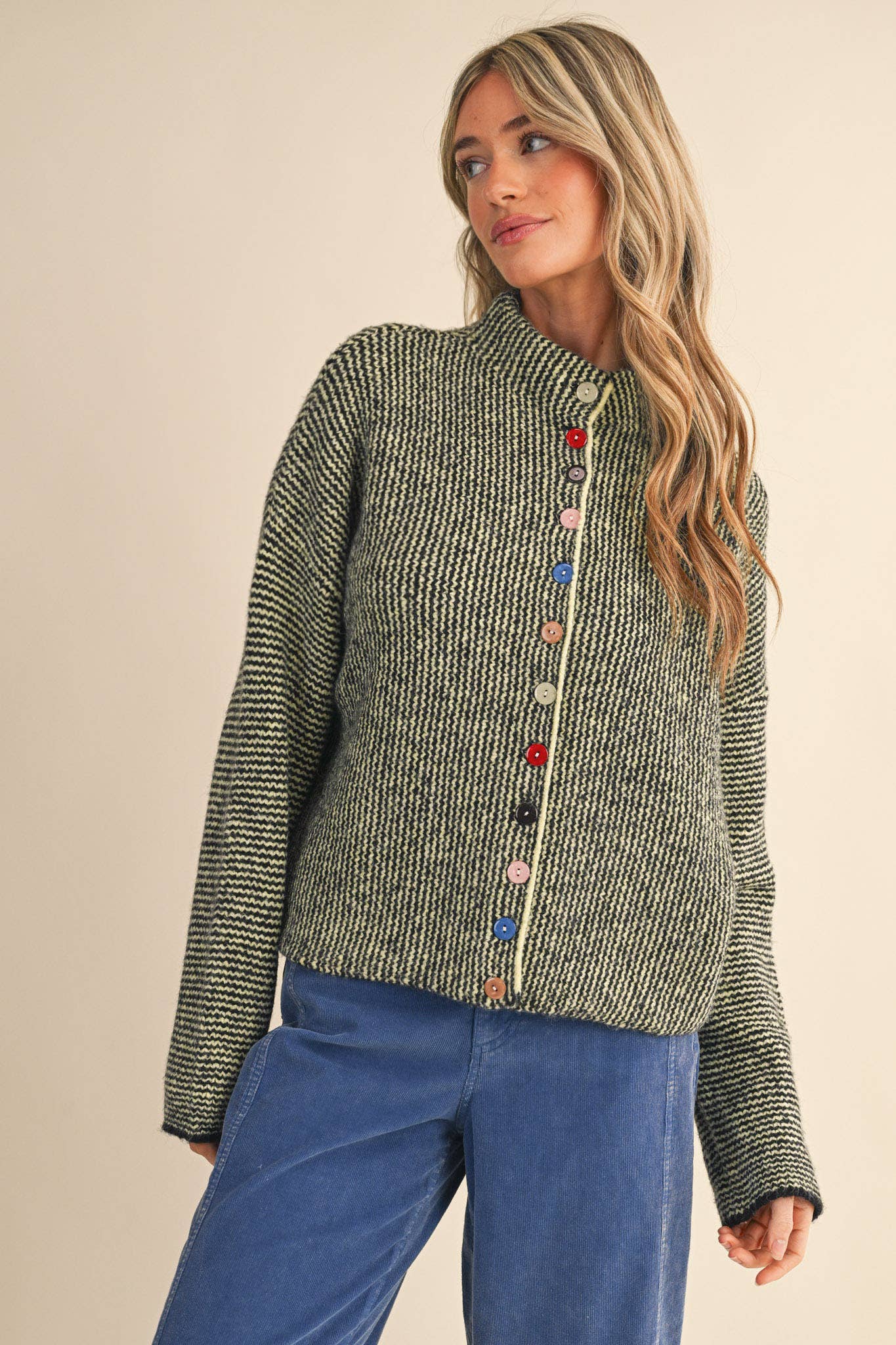Striped Sweater Cardigan with Colorful Buttons