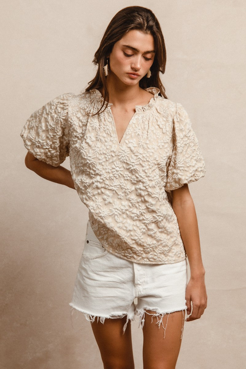 Floral Textured Balloon Sleeve Top